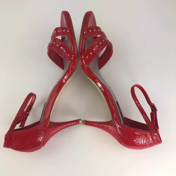 WHBM Jenevieve red leather strappy embellished sandal heels SZ 9 - Picture 8 of 12